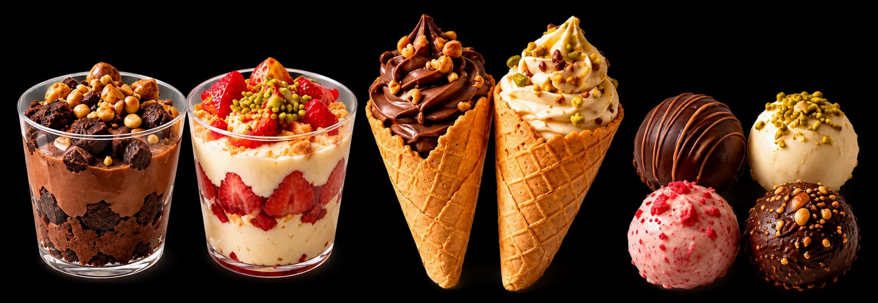 Composição ilustrativa: dois copos da felicidade, dois cones recheados e quatro bombons especiais